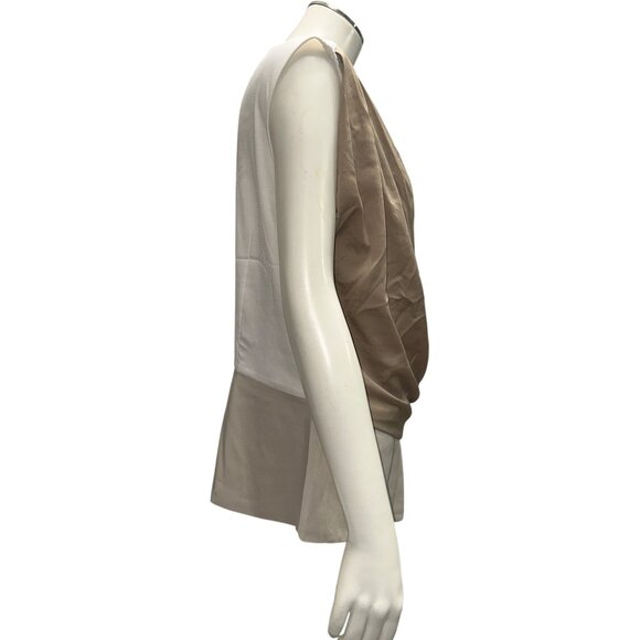 Ann Taylor Size 8 White Beige Draped Asymmetric Blouse Side Zip Chic Modern Fit - Picture 7 of 12
